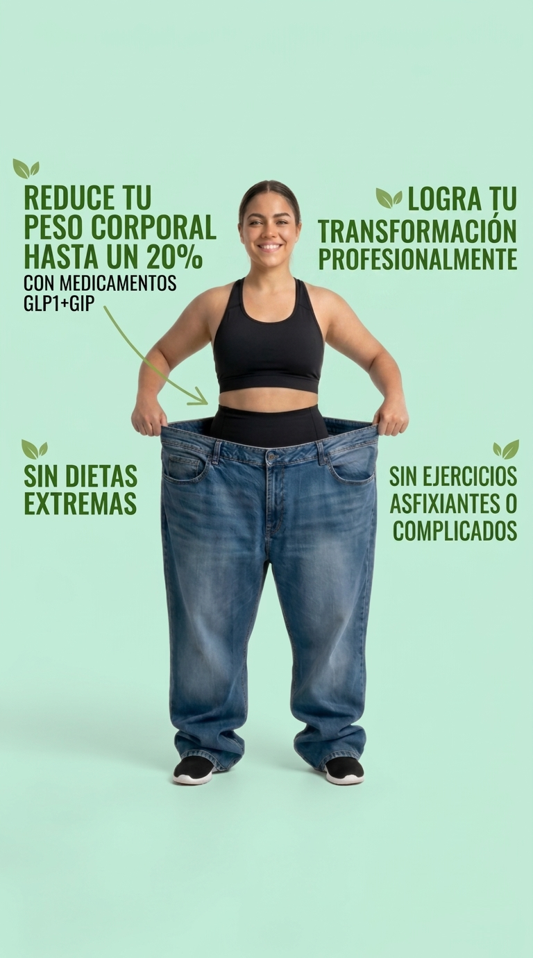 Mujer sonriente sosteniendo un jean holgado que evidencia pérdida de peso